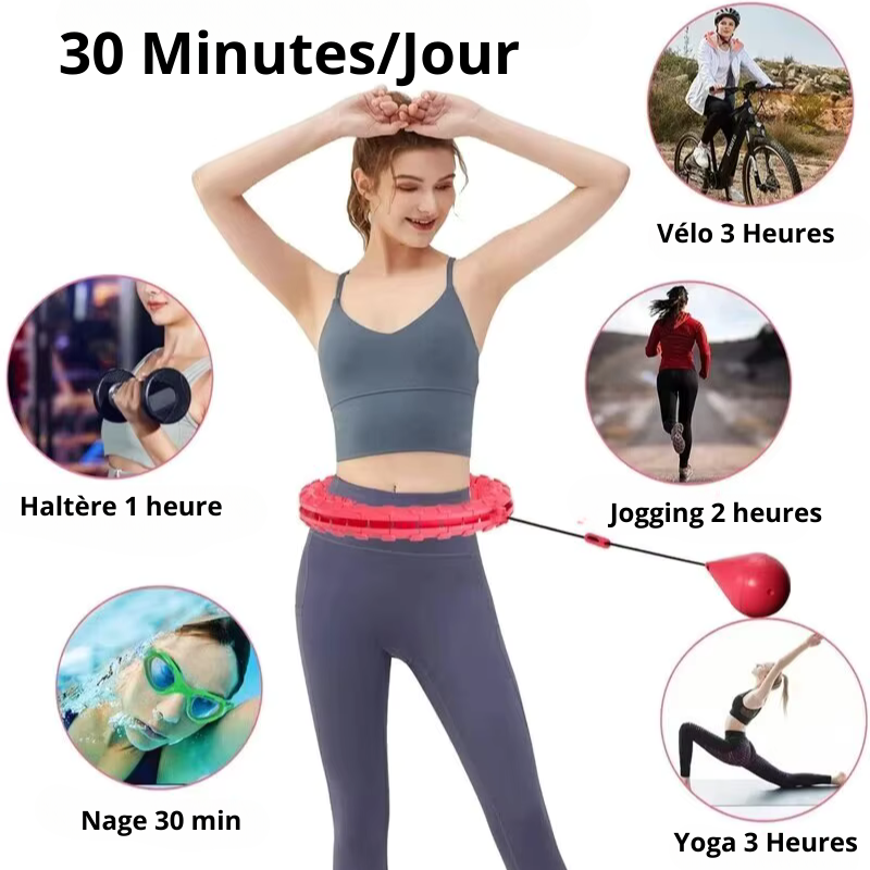 Femme utilisant un cerceau minceur intelligent pour une séance de fitness de 30 minutes par jour