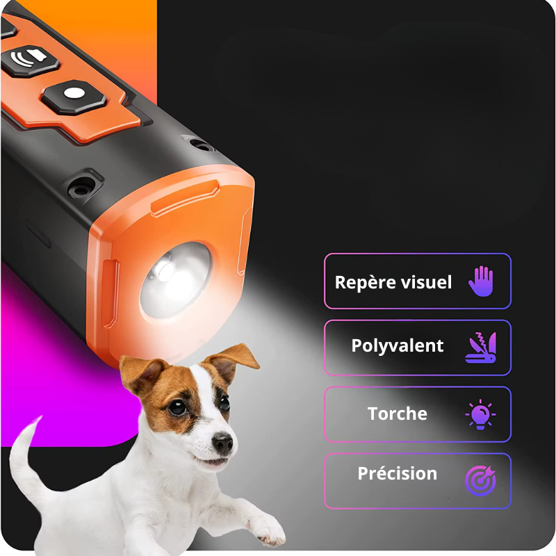 Dispositif Anti Aboiement multifonction avec lampe torche et repère visuel pour le dressage canin