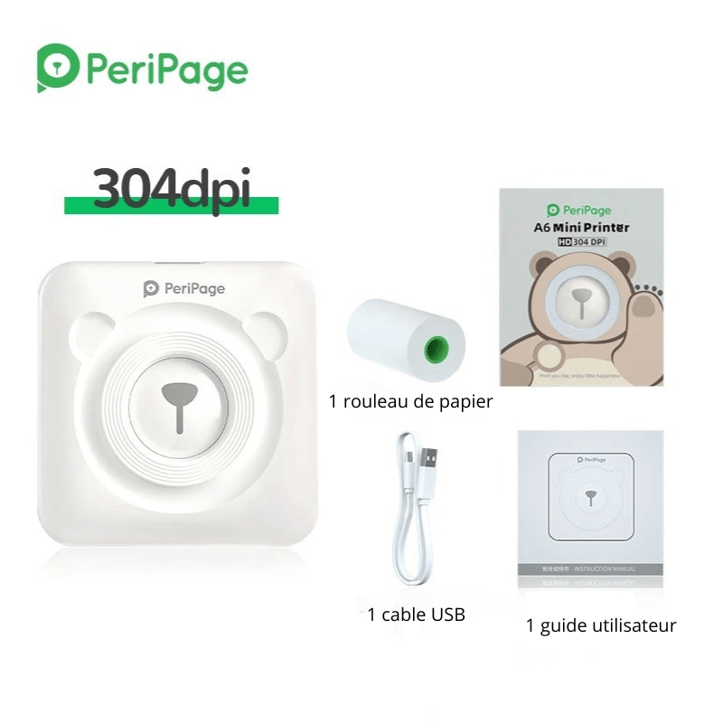 Imprimante Portable pour Téléphone Mobile PeriPage A6 avec câble USB et rouleau de papier inclus
