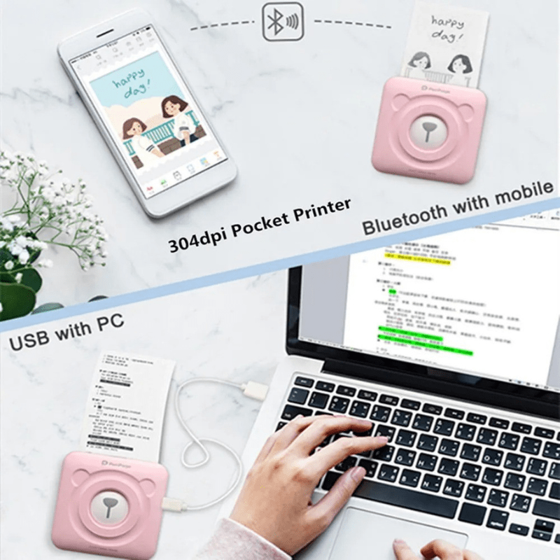 Imprimante Portable pour Téléphone Mobile rose avec connectivité Bluetooth et impression à partir d'un PC