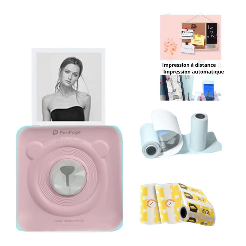 Imprimante Portable pour Téléphone Mobile PeriPage en rose avec papier photo et rouleaux d'impression