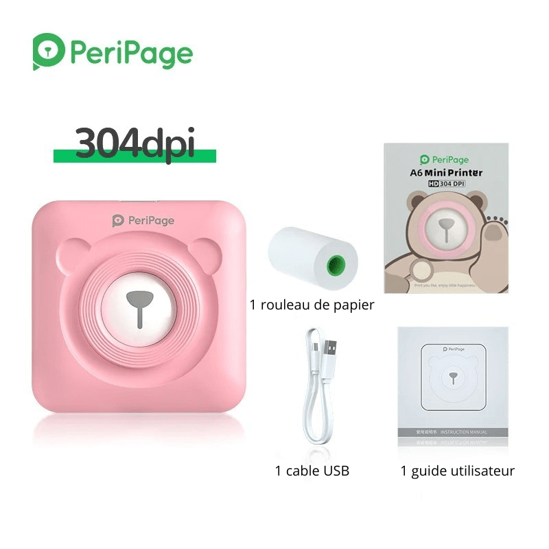 Imprimante Portable pour Téléphone Mobile PeriPage en rose avec accessoires inclus et résolution de 304 dpi