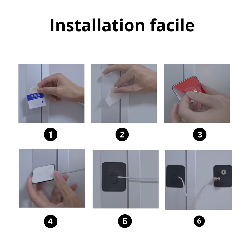 Installation facile d'un verrou pour frigo, en plusieurs étapes illustrant le processus d'installation
