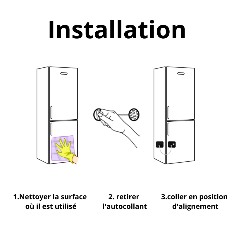 Installation d'un verrou pour frigo avec étapes de nettoyage et fixation autocollante