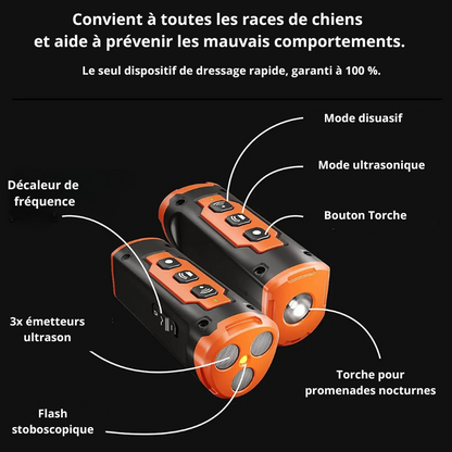 Dispositif Anti Aboiement avec trois émetteurs ultrason pour dresser toutes les races de chiens