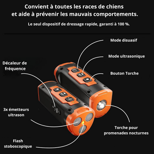 Dispositif Anti Aboiement avec trois émetteurs ultrason pour dresser toutes les races de chiens